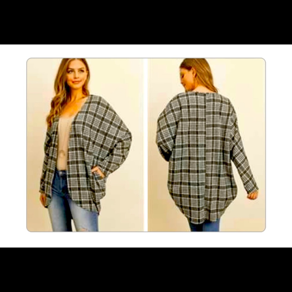 PLAID ROUND HEM POCKET OPEN CARDIGAN